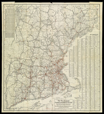The New England Commercial and Route Survey Showing all Postoffices, Railroads, Electric Roads in operation and proposed, Good Roads, Population (showing latest Massachusetts census) and a comprehensive distance table.