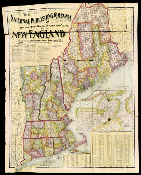 The National Publishing Company's New Railroad, Post-Office, Township, and County. Map of New England