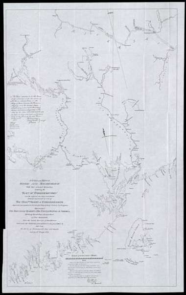 A Plan of the Rivers Scoodic and Magaguadavic with their principal Branches including the Bay of Passamaquoddy and the adjacent Sea-Coast and Islands. Compiled and formed by order of the Honble. Board of Commissioners appointed pursuant to the 5th article of the Treaty of Amity Commerce & Navigation between his Britanic Majesty & the Unites States of America. By George Sproute Esq'r Surveyor Gen'l of New-Brunswick from the actual surveys of those rivers made under the authority of the said board in the years 1796-7-8 and from the survey of Passamaquoddy Bay and Islands made by M. Wright 1772.