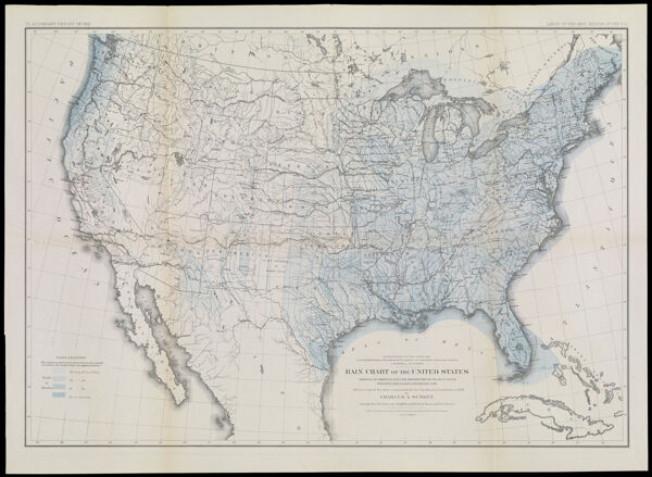 Department of the Interior U.S. Geographical and Geological Survey of the Rocky Mountain Region. J. W. Powell, in charge. Rain Chart of the United States showing by isihyteal lines the distribution of the mean annual precipitation in rain and melted snow. This is a copy of the chart constructed for the Smithsonian Institute in 1868 by Charles A. Schott except that the lines are slightly modified in Texas and New Mexico. The base chart was engraved for the Statistical Atlas of the United States. Julius Bien, Lithographer.