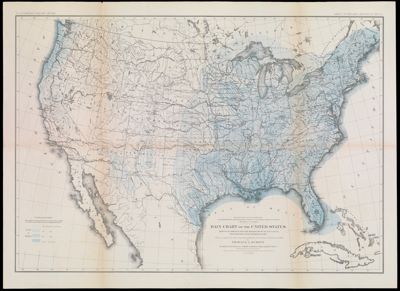 Department of the Interior U.S. Geographical and Geological Survey of the Rocky Mountain Region. J.W. Powell in charge. Rain Chart of the United States. Showing by isohyteal lines the distribution of the mean annual precipitation in rain and melted snow. This is a copy of the chart constructed for the Smithsonian Institution in 1868 Charles A. Schott except that the lines are slightly modified in Texas and New Mexico. The base chart was engraved for the Statistical Atlas of the United States. Julius Bien, Lithographer.