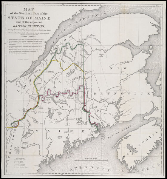 Map of the Northern Part of the State of Maine and of the adjacent British Provinces. Shewing the portion of that State to which Great Britain lays claim. Reduced from the official Map A with corrections from the latest surveys by S.L. Dashiell Washington 1830.