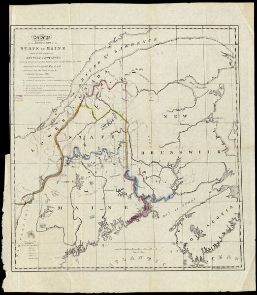 Map of the Northern Part of the State of Maine and of the adjacent British provinces. Shewing the portion of that state to which Great Britain lays claim. Reduced from the official map A with corrections from the latest surveys by S. L. Dashiell. Washington 1830.