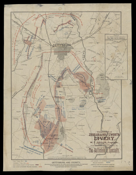 Gettysburg and vicinity showing the lines of battle July, 1863, and the land purchased and dedicated to the public by General S. Wylie Crawford and the Gettysburg Battlefield Memorial Association.