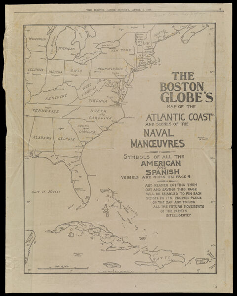 The Boston Globe's Map of the Atlantic Coast and Scenes of the Naval Manoeuvres