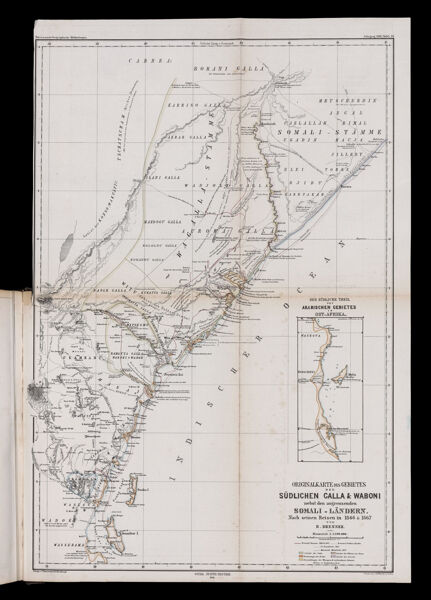 Originalkarte des Gebietes der Südlichen Calla & Waboni nebst den angrenzenden Somali - Ländern. Nach seinen Reisen in 1866 & 1867 von R. Brenner.
