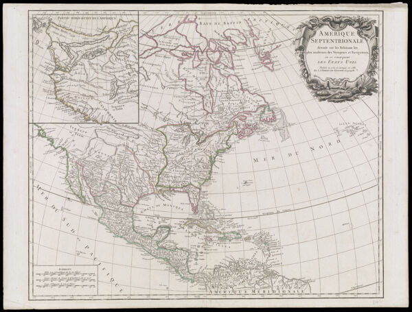 Amerique Septentrionale dressee sur les relations les plus modernes des Voyageurs et Navigateurs, ou se remarquent. Les Etats Unis. Publiee en 1750 et corrige en 1783 par le S. Robert de Vaugondy, Geographe.