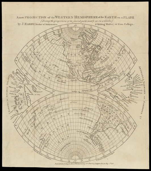 A new projection of the Western Hemisphere of the Earth on a plane : (shewing the proportions of its several parts nearly as on a globe) by J. Hardy (teacher of mathematics & writing master) at Eton College J. Hardy, invent. et construc. T. Bowen, delin. et sculpsit
