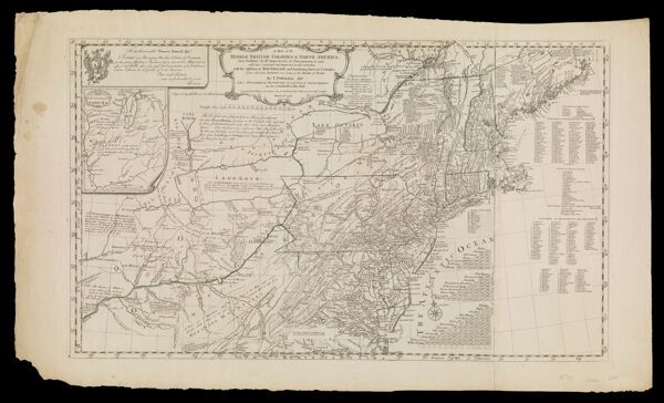 A Map of the Middle British Colonies in North America. First published by Mr. Lewis Evans, of Philadelphia, in 1755; and since corrected and improved, as also extended, with the Addition of New England, and bordering Parts of Canada: from Actual Surveys now lying at the Board of Trade. By T. Pownall MP. with a Topographical Description of such Parts of North America as are contained in this Map. Printed and Published according to Act of Parliament for J. Almon in Picadilly, London. March 25th 1776