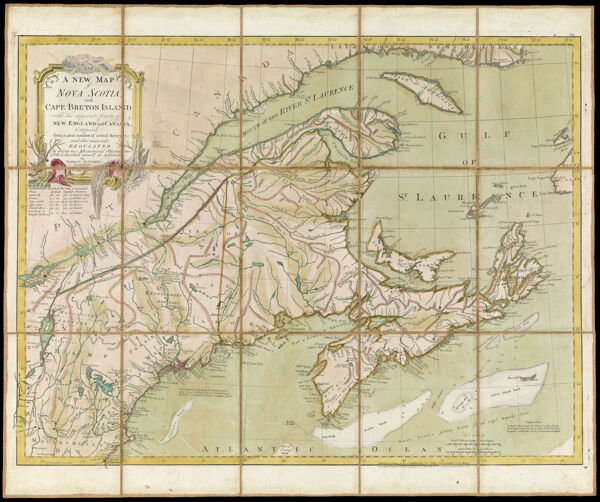 A New Map of Nova Scotia, and Cape Breton Island with the adjacent parts of New England and Canada, Composed from a great number of actual Surveys, and other materials Regulated by many new Astronomical Observations of the Longitude as well as Latitude: by Thomas Jefferys, Geographer to the King., copy 4