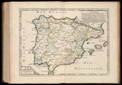 L'Espagne divisee en Galice Asturies Biscave, Navarre, Leon, Vielle et Nouvelle Castille, Arragon, Andalousie. Mursie, Valance et Catalogne  avec les Isles Majorque, Minorque et Yvica du Roy d
Espan. Le Portugal et L'Algarve au Roy de Portug.