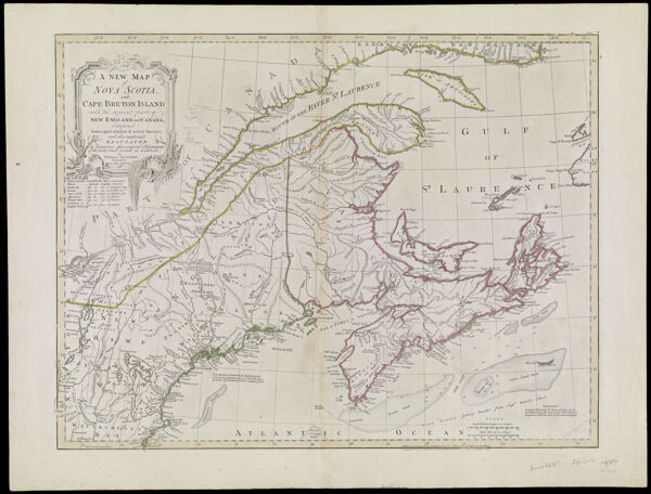 A New Map of Nova Scotia, and Cape Breton Island with the adjacent parts of New England and Canada, Composed from a great number of actual Surveys, and other materials Regulated by many new Astronomical Observations of the Longitude as well as Latitude: by Thomas Jefferys, Geographer to the King., copy 3