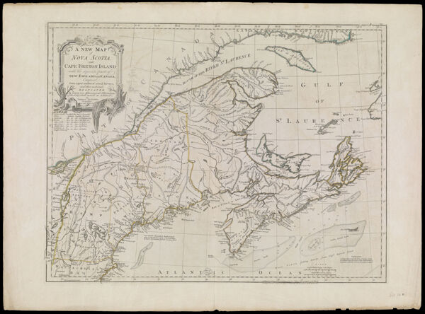 A New Map of Nova Scotia, and Cape Breton Island with the adjacent parts of New England and Canada, Composed from a great number of actual Surveys, and other materials Regulated by many new Astronomical Observations of the Longitude as well as Latitude: by Thomas Jefferys, Geographer to the King., copy 2