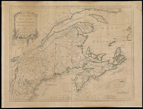 A New Map of Nova Scotia and Cape Breton Island with the adjacent parts of New England and Canada composed from a great number of actual surveys; and other materials regulated by many new astronomical observations of the longitude as well as latitude; by Thomas Jefferys, Geographer to the King.