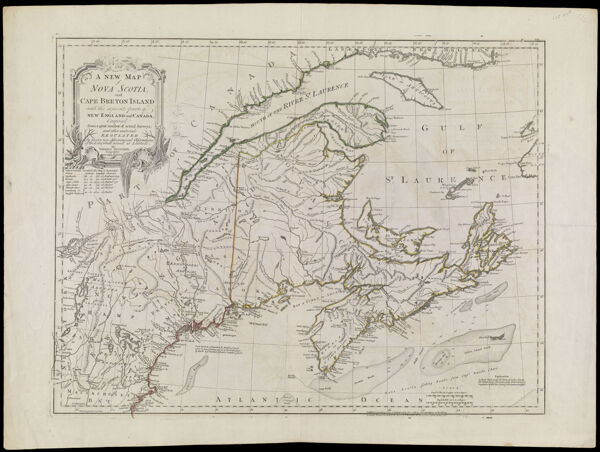 A New Map of Nova Scotia, and Cape Breton Island with the adjacent parts of New England and Canada, Composed from a great number of actual Surveys, and other materials Regulated by many new Astronomical Observations of the Longitude as well as Latitude: by Thomas Jefferys, Geographer to the King., copy 1