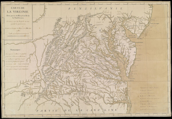Carte de la Virginie Avec partie du Maryland & de la Pensilvanie. Suivant ce que les Anglois en ans publie de plus recens Dressee au Depost des Plans de la Marine 1755.