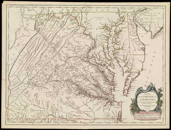 Carte de la Virginie et du Maryland Dressee sur la grande carte Angloise de Mrs. Josue Fry et Pierre Jefferson, Par le Sr. Robert de Vaugondy Geographe ordinaire du Roi.