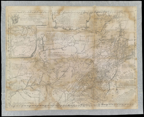 A General Map of the Middle British Colonies, in America; Viz Virginia, Mariland, Delaware, Pensilvania, New-Jersey, New-York, Connecticut, and Rhode Island: Of Aquanishuonigy, the Country of the Confederate Indians; comprehending Aquanishuonigy proper, their Place of Residence, Ohio and Tiiuxsoxruntie their Deer-Hunting Countries, Couxsaxrage and Skaniadarade, their Beaver-Hunting Countries; Of the Lakes Erie, Ontario and Champlain, And of Part of New-France: Wherein is also shewn the antient and present Seats of the Indian Nations. By Lewis Evans. 1755.