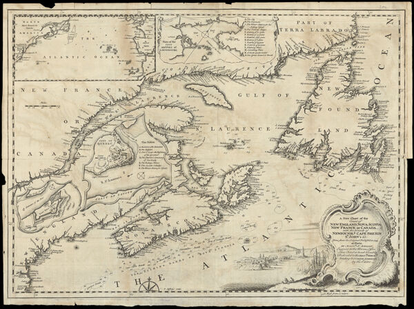A New Chart of the Coast of New England, Nova Scotia, New France or Canada, with the Islands of Newfoundld, Cape Breton, St. John's &c. Done from the Original Publish'd in 1744. at Paris by Monsr. N. Bellin, Engineer to the Marine Office. This Chart is Most humbly Dedicated to the Britsh. Merchts. trading to North America, by the Editor