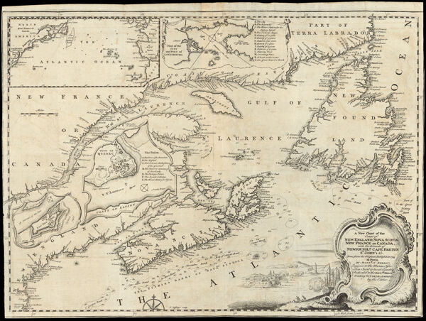 A New Chart of the Coast of New England, Nova Scotia, New France or Canada, with the Islands of Newfoundld. Cape Breton St. John's &c. Done from the Original Publish'd in 1744. at Paris, by Monsr. N. Bellin, Engineer to the Marine Office. This Chart is Most humbly Dedicated to the Britsh. Merchts., trading to North America, by the Editor.