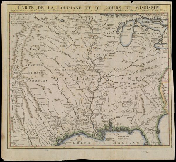 Carte de la Louisiane et du Cours du Mississipi Dressee sur un grand nombre de Memoires entrau tres sur ceux de Mr. le Maire par Guillaume de l'Isle de l'Academie Rle. des Sciences.