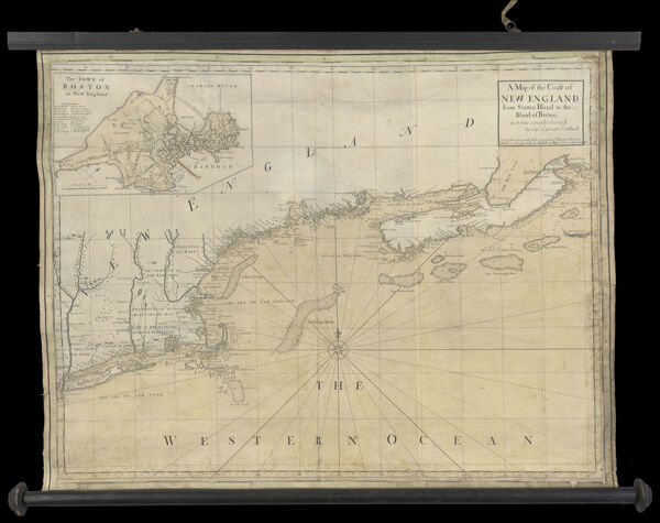 A Map of the Coast of New England, from Staten Island to the Island of Breton, as it was actualy Survey'd by Capt. Cyprian Southack. Sold by Iohn Senex at the Globe overagainst St. Dunstan's Church in Fleetstreet: who also makes & sells Globes & Maps with new improvements