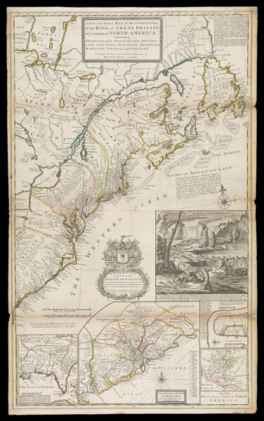 A New and Exact Map of the Dominions of the King of Great Britain on ye Continent of North America. Containing Newfoundland, New Scotland, New England, New York, New Jersey, Pensilvania, Maryland, Virginia and Carolina. According to Newest and most Exact Observations. By Herman Moll Geographer.