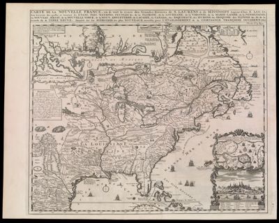 Carte de la Nouvelle France, ou se voit le cours des Grandes Rivieres de S. Laurens & de Mississipi Aujour d'hui S. Louis, Aux Environs des-quelles se trouvent les Etats, Pais, Nations, Peuples &c. de la Floride, de la Louisane, de la Virginie, de la Marie-Lande, de la Pensilvanie, du Nouveau Jersay, de la Nouvelle Yorck, de la Nouv. Angleterre, de l'Acadie, du Canada, des Esquimaux, des Hurons, des Iroquois, des Ilinois &c. Et de la Grande Ile de Terre Neuve: Dressee sur les Memoires les plus Nouveaux recueillis pour l'Etablissement de la Compagnie Francois Occident