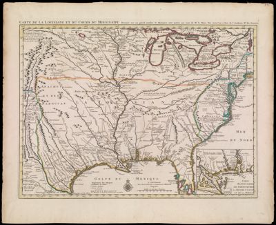 Carte de la Louisiane et du Cours du Mississipi Dressee sur un grand nombre de Memoires entr' autres sur ceux de Mr. le Maire par Guillaume de L'Isle de l'Academie Rle. des Sciences.