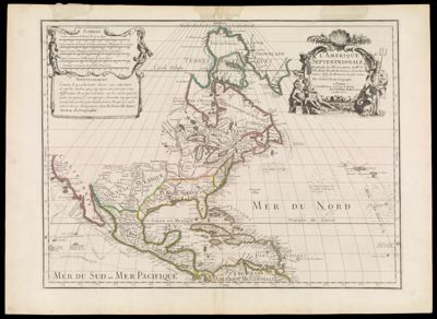 L'Amerique Septentrionale Dressee sur les Observations de Mrs. de l'Academie Royale des Sciences. & quelques autres, & sur les Memoires le plus recens. Par G. Delisle Geographe A Paris Chez l'Autheur sur le Quai de l'Horloge Avec Privilege du Roy pour 20. ans. 1700.