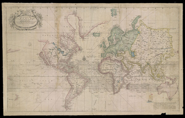 A New and Correct Mapp of the World according to M. r Edward Wright commonly called Mercator's Projection. With a view of the winds and variation by Sam l Thornton Hydrographer at the signe of England Scotland and Ireland in the Minories London