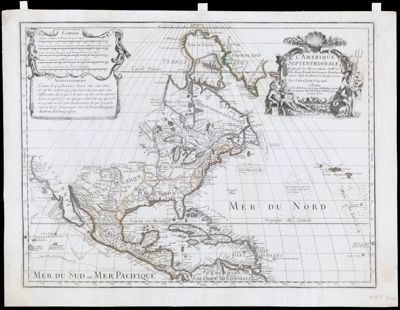 L'Amerique Septentrionale Dressee sur les Observations de M. rs de L' Academie Royale des Sciences & quelques autres & sur les Memoires les plus recens. Par G. de L' Isles Geographe. A Paris chez l'Authuer sur le quai de l' Horloge a la cours de Diamans avec privilege du Roy pour 20 ans. 1700.