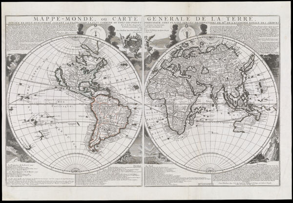 Mappe-Monde, ou Carte Generale de la Terre Divisee en deux hemispheres suivant la projection la plus commune ou tous les points principaux sont placez sur les observations de M.rs de l'Academie Royal de Siences