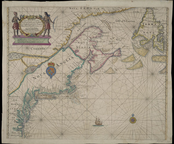 A New Chart of the Sea Coast of Newfound land, new Scotland, new England, new Jersey, Virginia, Maryland, Pennsylvania, and part of Carolina. By Iohn Thornton Hydrographer at the Signe of England, Scotland, and Ireland in the Minories London.