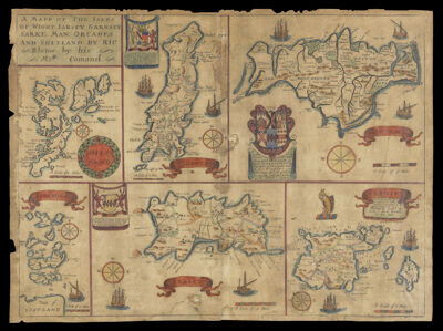 Mapp of the Isles of Wight, Iarsey, Garnsey, Sarke, Mann, Orcades and Shetland.