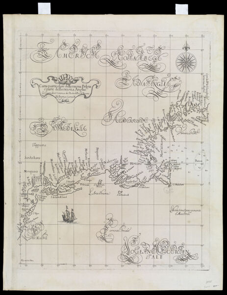 Carta Particolare della nuoua Belgia e parte della nuoua Anglia. La longitudine Cominca da l'Isola di Pico d'Asores D'America Carva II