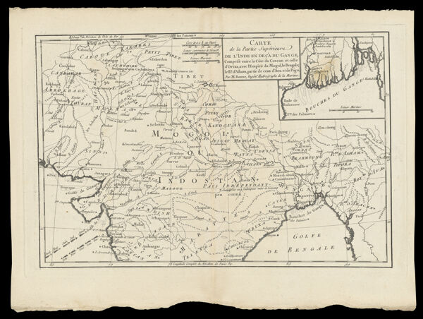 Carte de la Partie Supérieure de l'Inde en deça du Gange comprise entre la Côte du Concan et celle d'Orixa, avec l'Empire du Mogol, le Bengale, le Re. d'Asham, partie de ceux d'Ava et de Pégu par M. Bonne, Ingénr. Hydrographe de la Marine.