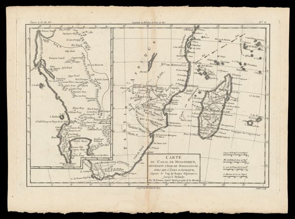 Carte du Canal de Mosambique contenant l'isle de Madagascar avec les Cotes d'Afrique depuis le Cap de Bonne Esperance jusqu'a melinde.