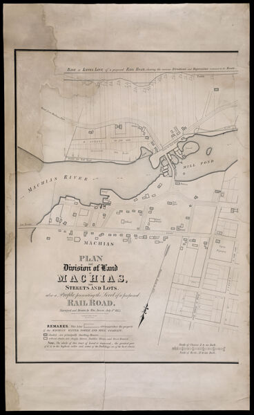 Plan and division of land at Machias, into streets and lots; also a profile presenting the level of a proposed railroad surveyed and drawn by Wm. Anson.