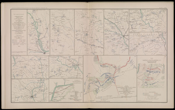 Title to maps 1 to 11 inclusive.  Campaign maps exhibiting the line of march of the 20th Corps from Savannah, GA., to Goldsborough, N. C., with the plans of the Battle-Fields of Averysborough and Bentonville, N. C., from Surveys of Topographical Engineers 20th Corps.  Position of troops by Lieut. Col. C. W. Asmussen, A. I. G. 20th Corps.  Explanation.  Compaign began January 17th and closed March 24th.