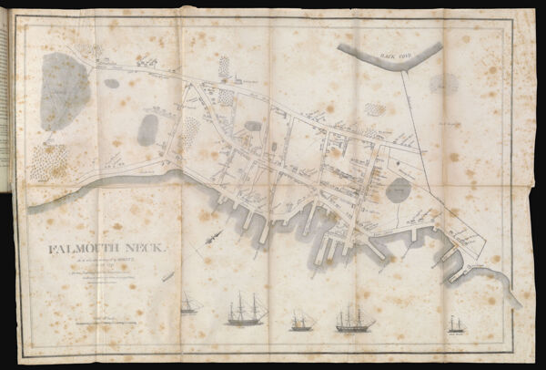 Falmouth Neck, As it was when destroyed by Mowett, Oc[t.] 18, 1775. (All the buildings w[it]hin the dotted lines were destroyed, e[x]cept a few within the perfect line) Pendleton['s] [L]ithography, Boston.