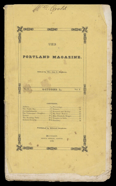 Portland Magazine. Vol. 1, No. 1. October 1, 1834. Pages 1 - 32. [Front cover]