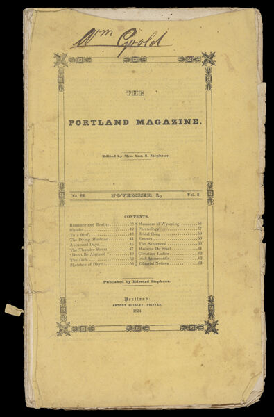 Portland Magazine. Vol. 1, No. 2. November 1, 1834. Pages 33 - 64. [Front cover]
