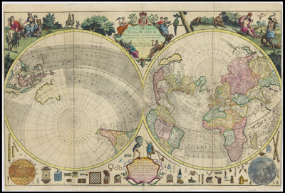 A New and Correct Map of the World Projected upon the Plane of the Horizon laid down from the Newest Discoveries and most Exact Observations By C. Price | Sold by G Willdey at the Great Toy Shop next the Dog Tavern in Ludgate where may be had several other Maps of this Size 1714. | To his Grace Charles Duke of Shrewsbury Lord Chamberlain of the Houshold, and one of the Lords of Her Majtis: most Honble: Privy council Knight of the Garter, &c. This Map is most humbly Dedicated & presented By his Graces Most humble & most Obedient Servt. C. Price
