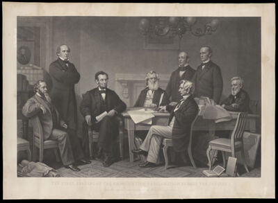 The first reading of the Emancipation Proclamation before the cabinet. From the original picture painted at the White House in 1864.