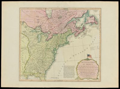 The United States of America with the British Possessions of Canada, Nova Scotia, New Brunswick and Newfoundland divided with the French, also the Spanish Territories of Louisiana and Florida according to the Preliminary Articles of Peace signed at Versailles the 20th of January 1783.