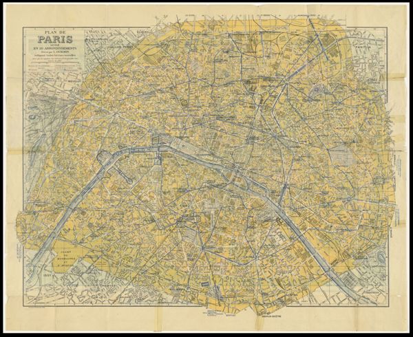 Plan de Paris divise en 20 arrondissements dresse par L. Guilmin indiquant toutes les rues nouvelles ainsi que les numéros des maisons les grandes voies. [Verso:] Nouveau Paris Monumental