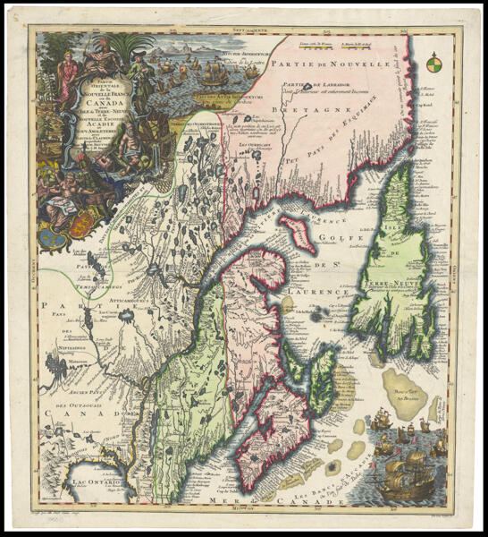 Partie orientale de la Nouvelle France ou du Canada avec L'Isle de Terre-Neuve et de Nouvelle Escosse, Acadie et Nouv. Angleterre avec Fleuve de St. Laurence represente‚ par Math. Seutter, Geogr. de S.M. Imper. d'Augsbourg