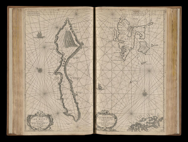 Pas-caert van Jan Mayen eylandt. Verthoonde alle de gelegentheyt van alle bayen, inbochten, diepten en en [sic] drooghten. 't Amsterdam... [left chart]