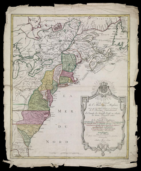 Carte Nouvelle de l'Amerique Angloise contenant tout ce que les Anglois possedent sur le continent de l'Amerique Septentrionale Savoir le Canada, la Nouvelle Ecosse ou Acadie, les treize Provinces unies qui sont: les quatres Colonies de la Nouvelle Angleterre 1. New Hampshire, 2. Massachusetsbaye, 3. Rhode-Island, & 4. Conecticut, 5. la Nouvelle York, 6. Nouvelle Jersey, 7. Pensilvanie, 8. les Comtes de Newcastle Kent et Sussex sur la Delaware, 9. Maryland, 10. Virginie, 11. la Caroline Septentrionale, 12. la Caroline Meridionale et 13. Georgie: avec la Floride